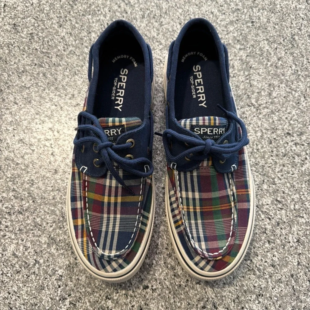 Sperry Boat Shoes Mens 8 Halyard Pretty Plaid Casual Navy STS22763